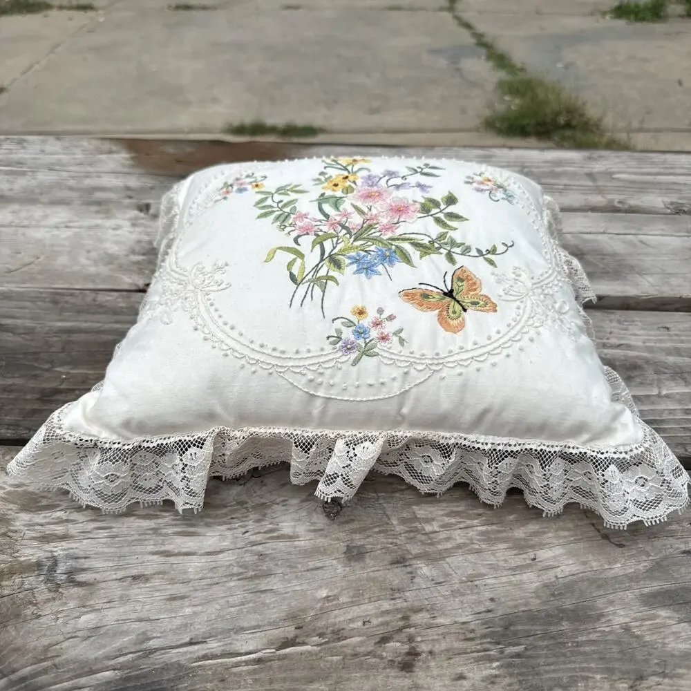 Vintage Williamsburg Pink Rose Butterfly Needlepoint Pillow Flowers